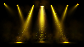 Stage lights, gold spotlight beams with smoke and sparkles on black background, glowing elements for studio or theater scene, lamp rays for concert, show presentation, Realistic 3d vector isolated set