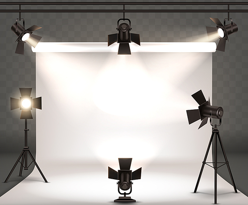 Photo studio lighting equipment, spotlights and white blank background realistic vector. Professional photo lamps and cyclorama, hanging and standing on tripod with warm yellow light