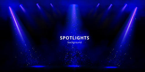 Spotlights background, blue stage light beams with smoke and sparkles on black backdrop. Glowing studio or theater empty scene with shining lamp rays for concert, show presentation Realistic 3d vector