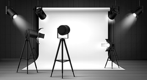Photography studio interior with white paper background and spotlights. Vector realistic mockup of professional photo equipment in empty room, glowing floodlights on tripod and hanging