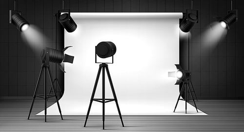 Photography studio interior with white paper background and spotlights. Vector realistic mockup of professional photo equipment in empty room, glowing floodlights on tripod and hanging