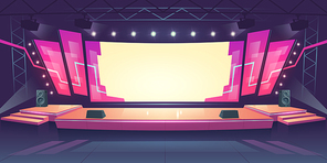Concert stage with screen illuminated by spotlights. Vector cartoon illustration of empty scene for rock festival, show, performance or presentation. Podium stage with truss, music and light equipment