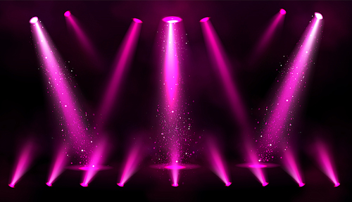 Stage lights, pink spotlight beams with sparkles on black background, glowing studio or theater scene lamp rays illumination on floor and ceiling for concert or show presentation, Realistic 3d vector