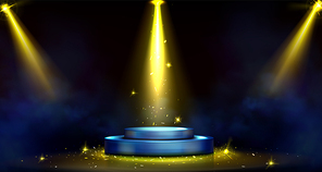 Round podium, empty stage illuminated by spotlights. Vector realistic mockup of circular platform, blue pedestal, yellow projector beams, smoke and shiny golden confetti on black background