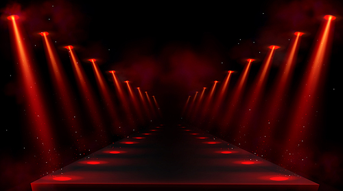 Podium illuminated by red spotlights. Empty platform or stage with beams of lamps and spots of light on floor. Vector realistic interior of dark hall or corridor with projectors rays and smoke
