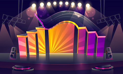 Concert stage with bright decoration and spotlights. Vector cartoon illustration of empty scene for rock festival, show, performance or presentation. Podium stage with truss, music and light equipment
