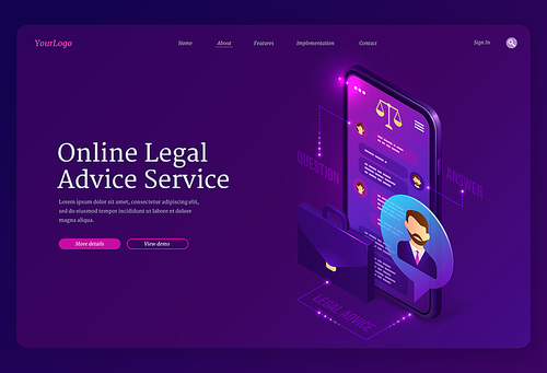 Online legal advice service banner. Assistance of lawyer for regulation legal issues for compliance to rules. Vector landing page of advocate services with isometric smartphone with chat and briefcase