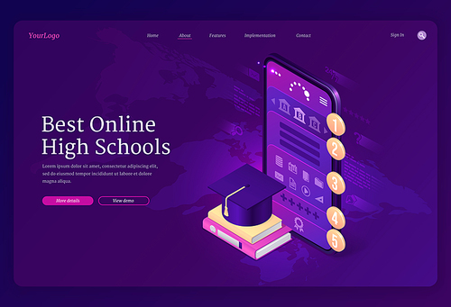 Best online high schools banner. Rating of services for internet learning, university and college study. Vector landing page of academic elearning with isometric smartphone, books and graduation cap