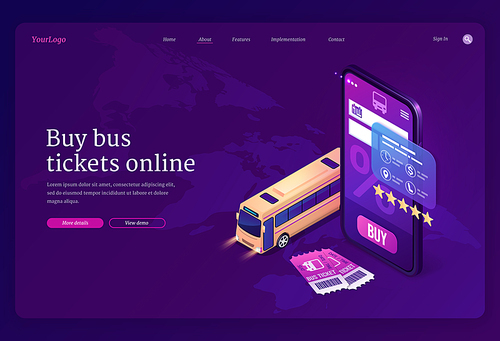 Buy bus tickets online banner. Smartphone application with mobile service for booking place in public transport. Vector landing page with isometric illustration of bus, phone and tickets