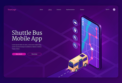 Shuttle bus mobile app isometric landing page. Application for transport location control. Yellow autobus driving road near huge smartphone with route on screen with city map, 3d vector web banner