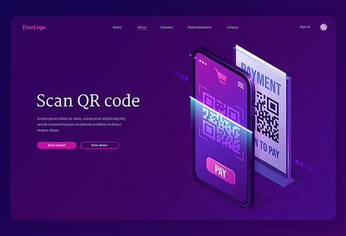 Scan Qr code verification service isometric landing page, machine-readable barcode on smartphone screen. Mobile app for internet business, information, cashless online payment 3d vector web banner