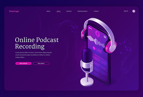 Online podcast recording banner. Record radio broadcast, audio interview, live talk. Vector landing page of podcasting business with isometric microphone, smartphone and headphones