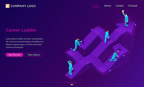 Career ladder isometric landing page. New opportunity, way to success. Businessman choose road stand at confused stairs, make decision, solution and choice for job and life path. 3d vector web banner