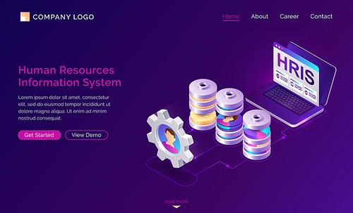 Hris isometric landing page. Human resources information system, IT and HR mixed technologies, computer screen with software for collection and store employees organization data 3d vector web banner