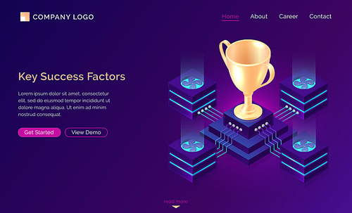Key success factors, isometric business concept vector. Gold trophy cup on pedestal with traffic server connections, database neon icons on purple banner. Computing analytical service for winner