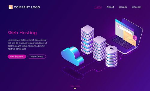 Web hosting, isometric concept vector web banner. 3D server icons, open laptop with unread message envelope, computing cloud and connections on ultraviolet background, landing page