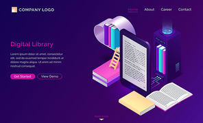 Online digital library isometric concept vector illustration. Virtual cloud shelf with books, server and open e-book screen isolated on purple , landing page website, electronic reading