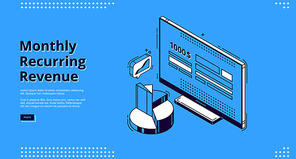 Monthly recurring revenue banner. Fixed earnings and payments, MRR concept. Vector landing page of recurring income with isometric icons of bills on computer monitor and charts, diagram