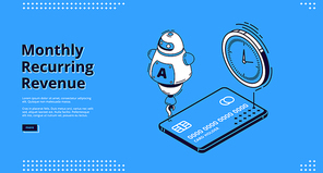 Monthly recurring revenue, mrr isometric landing page. Ai robot, credit cards for cashless payment and clock on blue background. Budget calculation, earning analysis 3d vector line art web banner