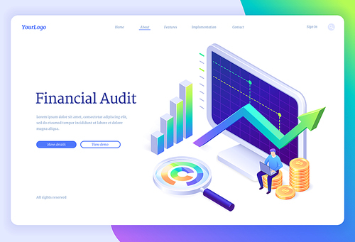 Financial audit isometric landing page, business account tax report concept, tiny businessman with laptop at huge pc monitor, column chart and magnifier use analysis application, 3d vector web banner