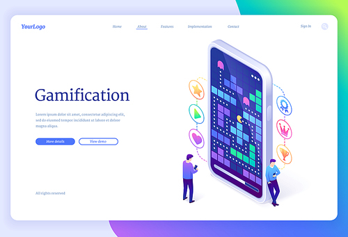 Gamification banner. Interactive game application, online challenge for achievement success. Vector landing page of mobile app for contest or competition with isometric people and smartphone