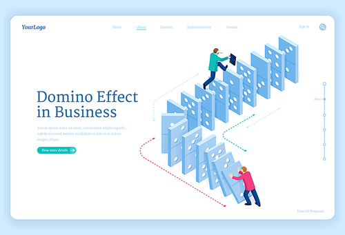 Domino effect in business. Concept of changes and actions that bring disruption or success. Vector landing page of chain reaction with isometric people, man pushes falling domino and one escapes