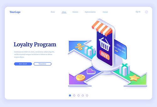 Loyalty program isometric landing page. Service application for online shopping with bonus points, credit card in store smartphone, gift boxes, bag on screen and golden stars, 3d vector web banner