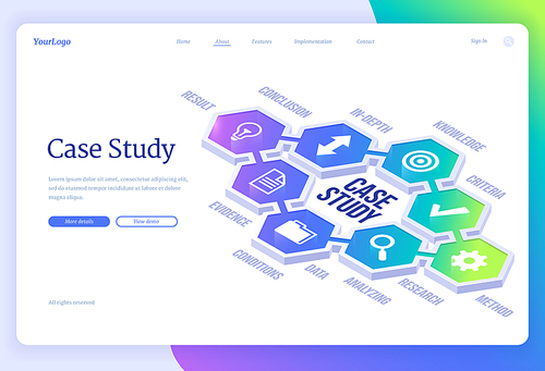 Case study isometric landing page. Business information research and analysis, education and knowledges methods and criterias, studying project development methodology concept, 3d vector web banner