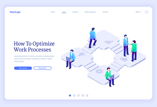 Work process optimization isometric landing page. Business productivity, cooperation, marketing strategy development, business people on stairs shaking hands, working on laptop, 3d vector web banner