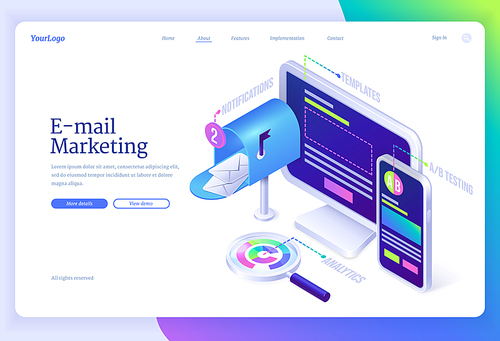 E-mail marketing isometric landing page with letter envelopes in mailbox near computer desktop, smartphone and magnifier. Electronic messages service benefits business concept, 3d vector web banner