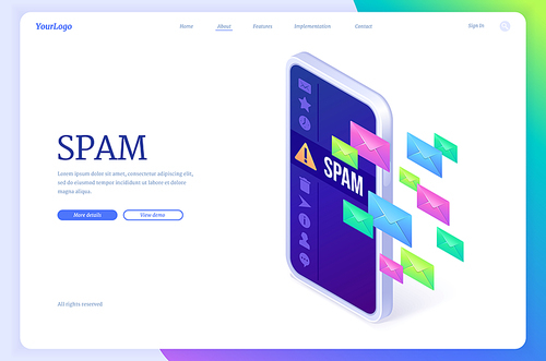 Spam isometric landing page with letter envelopes on smartphone screen. Electronic email service messages as part of business marketing or hacker attack. Webmail malware concept, 3d vector web banner