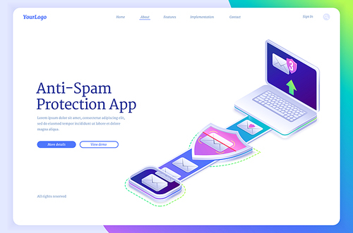 Anti spam protection app isometric landing page with laptop and envelopes. Spyware cyber security, antivirus application, filter service for malware and phishing email messages, 3d vector web banner