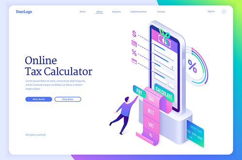 Online tax calculator isometric landing page. Tiny character at huge smartphone with payment bill coming out of screen. Smart technology for banking accounting, internet taxation, 3d vector web banner