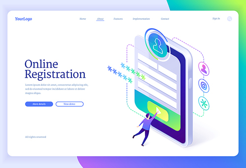 Online registration isometric landing page. Tiny man signing up or login to internet account on huge smartphone with app interface on screen. Secure authentication in networks, 3d vector web banner