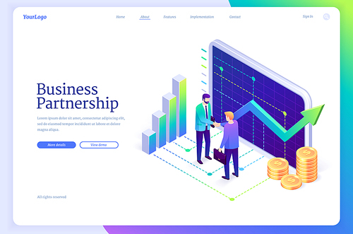 Business partnership landing page. Concept of teamwork, professional support and communication in business. Vector banner with isometric illustration of people handshake, money and graphs