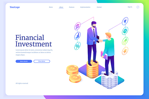 Financial investment isometric landing page. Invest strategy plan, finance analytic service for growing money, stock market portfolio and capital income, business men handshake, 3d vector web banner