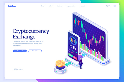 Cryptocurrency exchange market isometric landing page. digital money mining, man at huge computer and smartphone screen with trading chart. Blockchain technology business solution 3d vector web banner