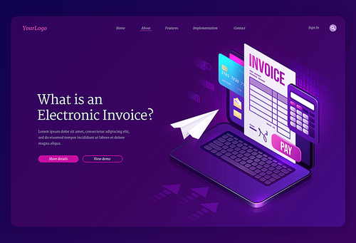 Electronic invoice isometric landing page. Bill for service payment, bank card and calculator on laptop screen. Shopping, banking, accounting paycheck virtual smart technologies 3d vector web banner