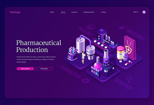 Pharmaceutical production isometric landing page, woman scientist in robe stand in medical laboratory near conveyor belt with huge flasks, drugs, microscope and medicine pills 3d vector web banner