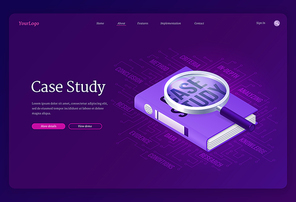 Case study banner. Concept of research and analysis business information. Vector landing page of education with success cases with isometric file folder and magnifying glass
