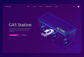 Gas station banner. Concept of refueling of petrol or gasoline for cars on fuel filling station. Vector landing page with isometric illustration of vehicle and oil pumps