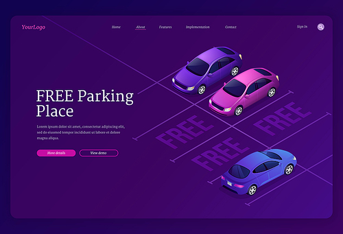 Free parking place banner. Car park zone with free empty lots. Vector landing page of public allowed area for vehicles with isometric illustration of cars and road marks