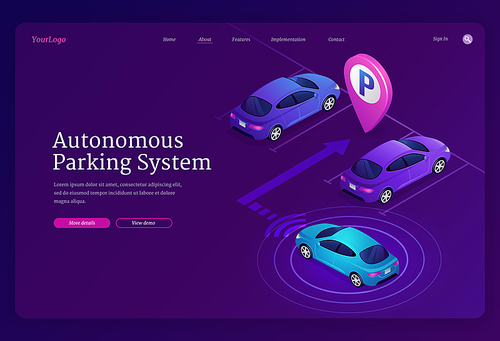 Autonomous parking system isometric landing page. Self driving smart car with scan and radar technology automatically park on vacant place, futuristic innovation for transport, 3d vector web banner