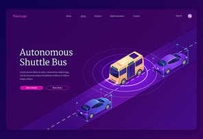 Autonomous shuttle bus banner. Concept of future smart city transport, driverless electric vehicles. Vector landing page of automated public transport with isometric unmanned minibus