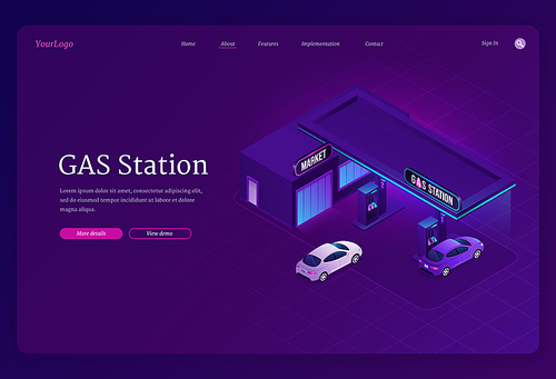 Gas station isometric landing page, cars refueling city service, petrol shop with building, vehicles and hoses, fuel selling for urban transportation, gasoline and oil refill, 3d vector web banner