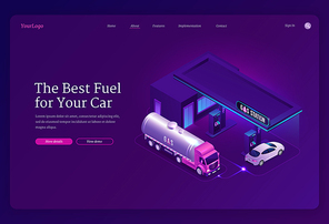 Gas station isometric landing page, cars refueling city service, petrol shop with building, gasoline tanker vehicles and hoses, fuel selling for urban transportation, oil refill, 3d vector web banner