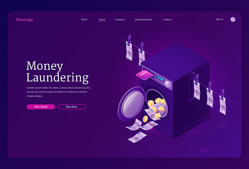 Money laundering isometric landing page, financial crime, fraudulent scheme, Illegal criminal process in offshore. Dirty banknotes and coins in washing machine and drying on rope, 3d vector web banner