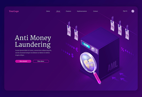 Anti money laundering banner. AML concept, prevent illegal business, financial crime, bribes and corruption. Vector landing page with isometric washing machine with cash and paper currency on rope