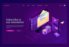 Subscribe to our newsletter banner. Email news subscription, electronic messages with gift and sale. Vector landing page with isometric letter envelope on computer screen and smartphone