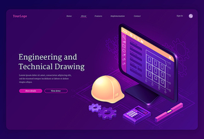 Engineering and technical drawing isometric landing page. Cad modelling construction building project on computer desktop with engineer helmet. Software program for pc, blueprint, 3d vector web banner